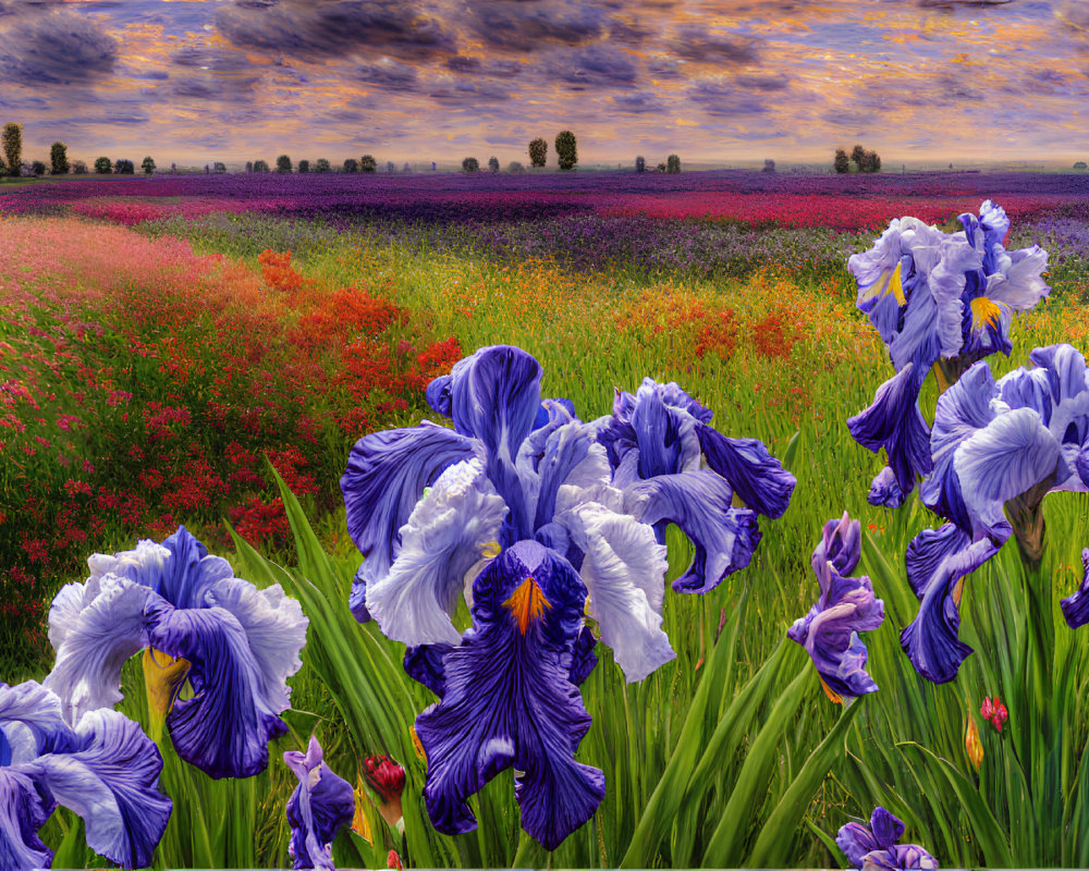 Colorful Sunset Sky Over Field of Flowers with Irises