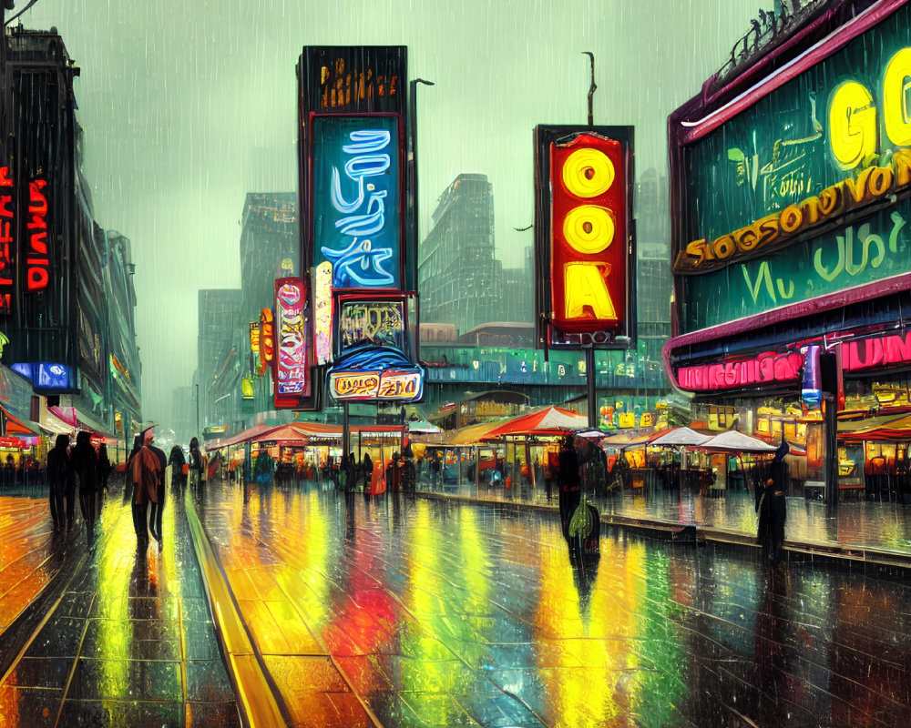 Urban night scene: Rainy city street with neon signs, wet pavement, and pedestrians with umbrellas