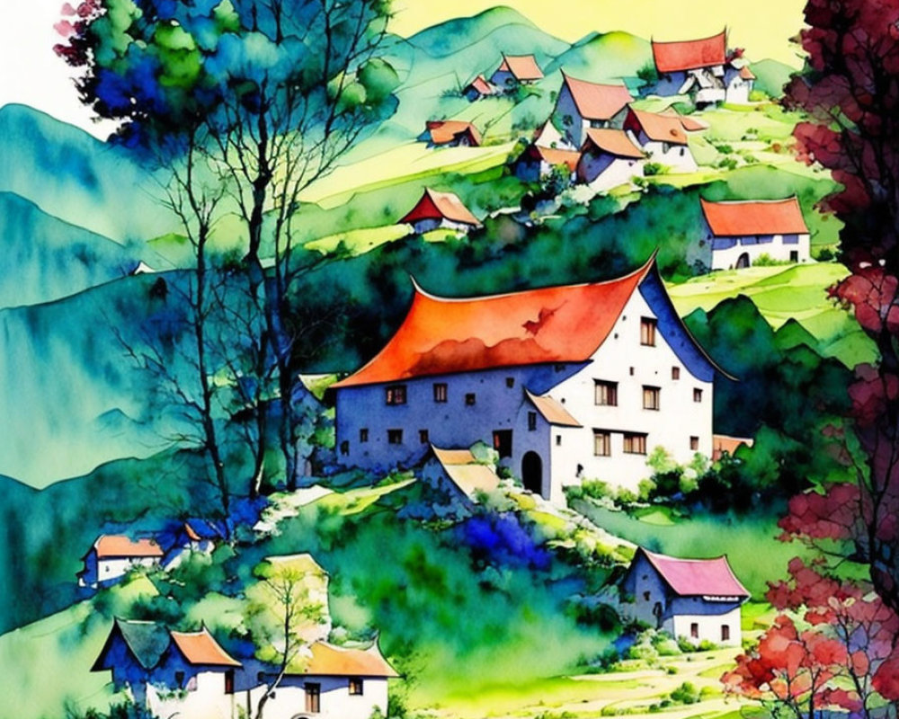 Colorful Watercolor Painting of Whimsical Village nestled in Green Hills