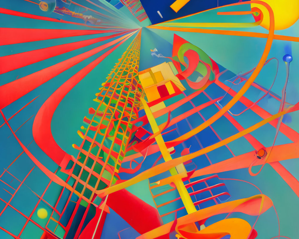 Colorful Abstract Artwork with Geometric Shapes and Swirling Lines