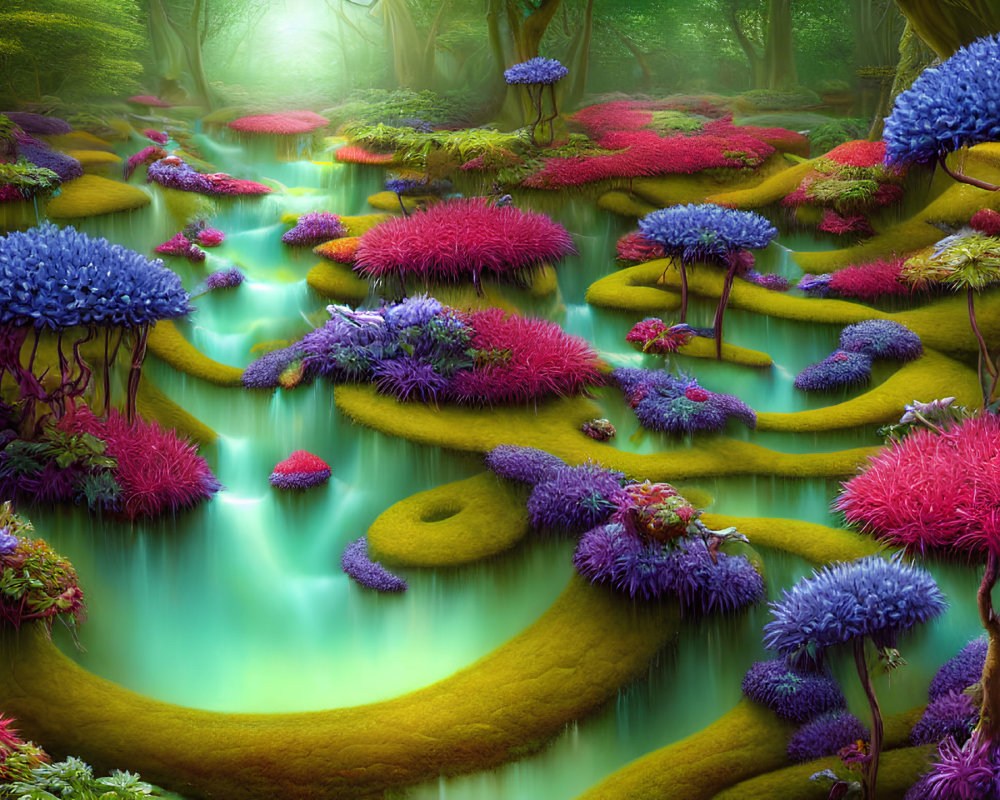 Vibrant mystical forest scene with colorful flora and neon-green rivers