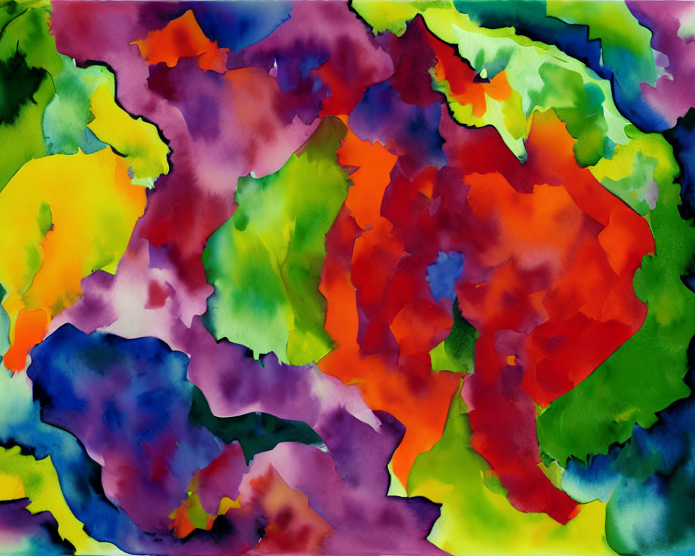 Colorful Abstract Watercolor Painting with Fluid Shapes in Red, Green, Blue, Yellow, and Purple