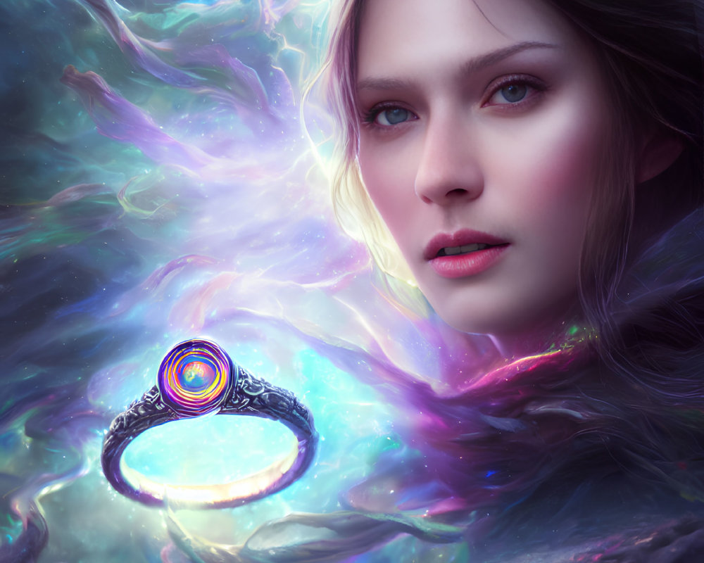Digital artwork of woman emerging from cosmic nebula with radiant ring and orb