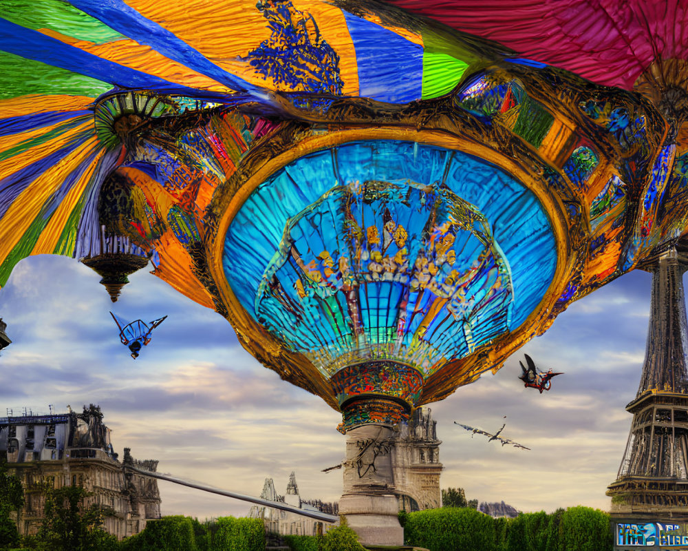Colorful inverted hot air balloon canopy over Paris skyline with Eiffel Tower, butterflies, and dramatic