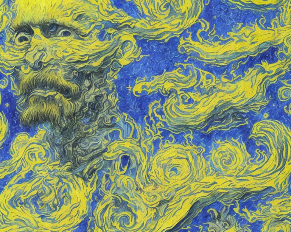 Swirl Patterned Sky with Bearded Man's Face in Starry Night Background