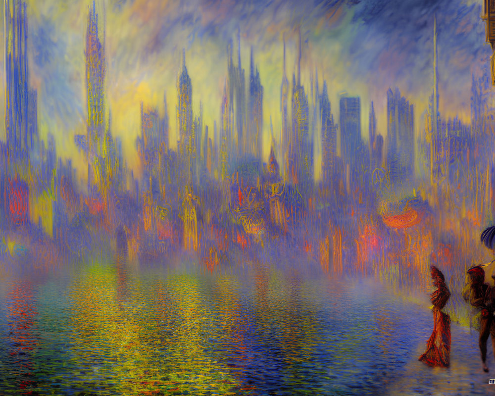 Vibrant impressionist cityscape with figures and skyscrapers