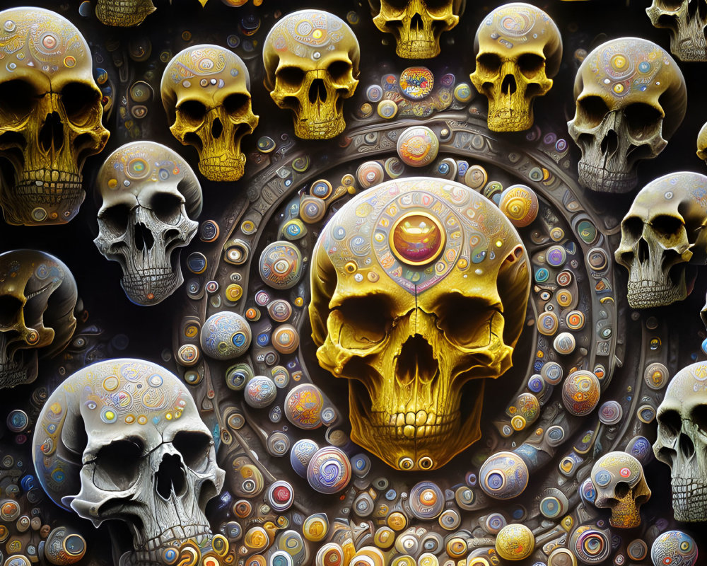 Colorful Artwork Featuring Large Gold Skull and Intricate Designs