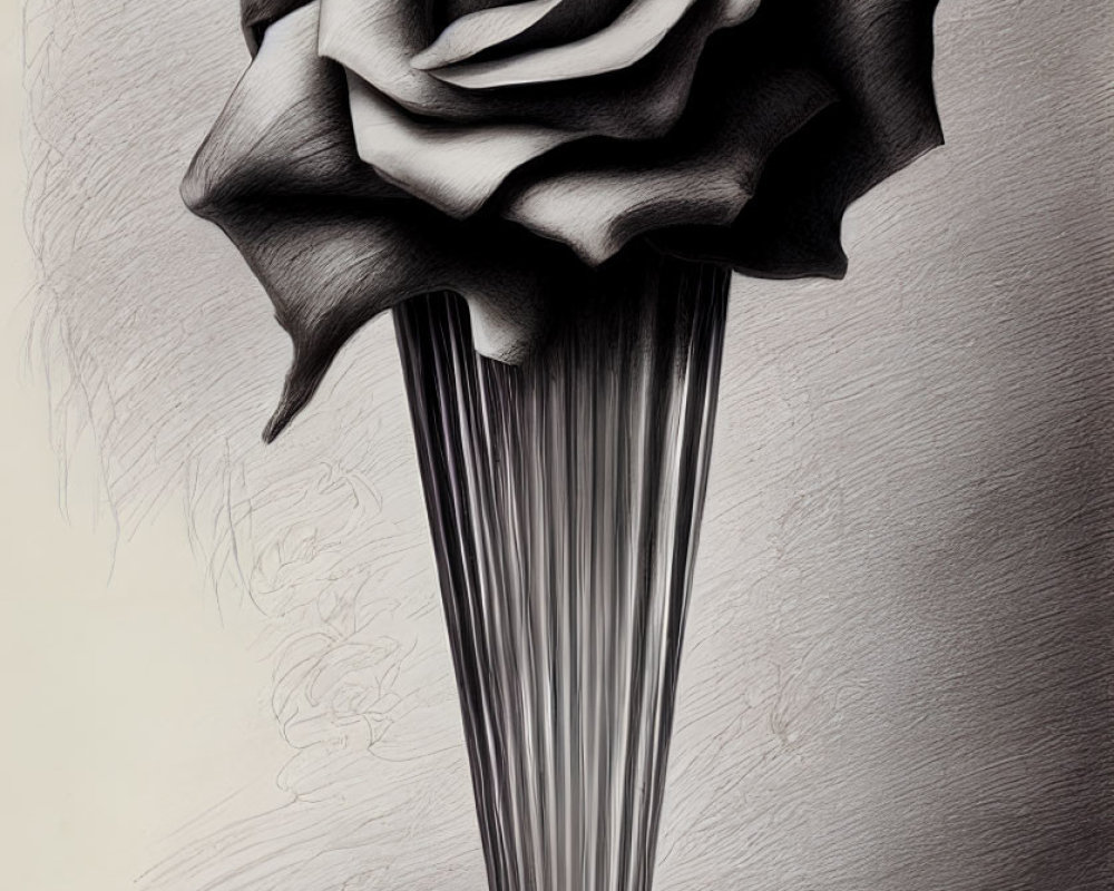 Detailed black and white pencil drawing of large intricate rose on tall slender vase against shaded background