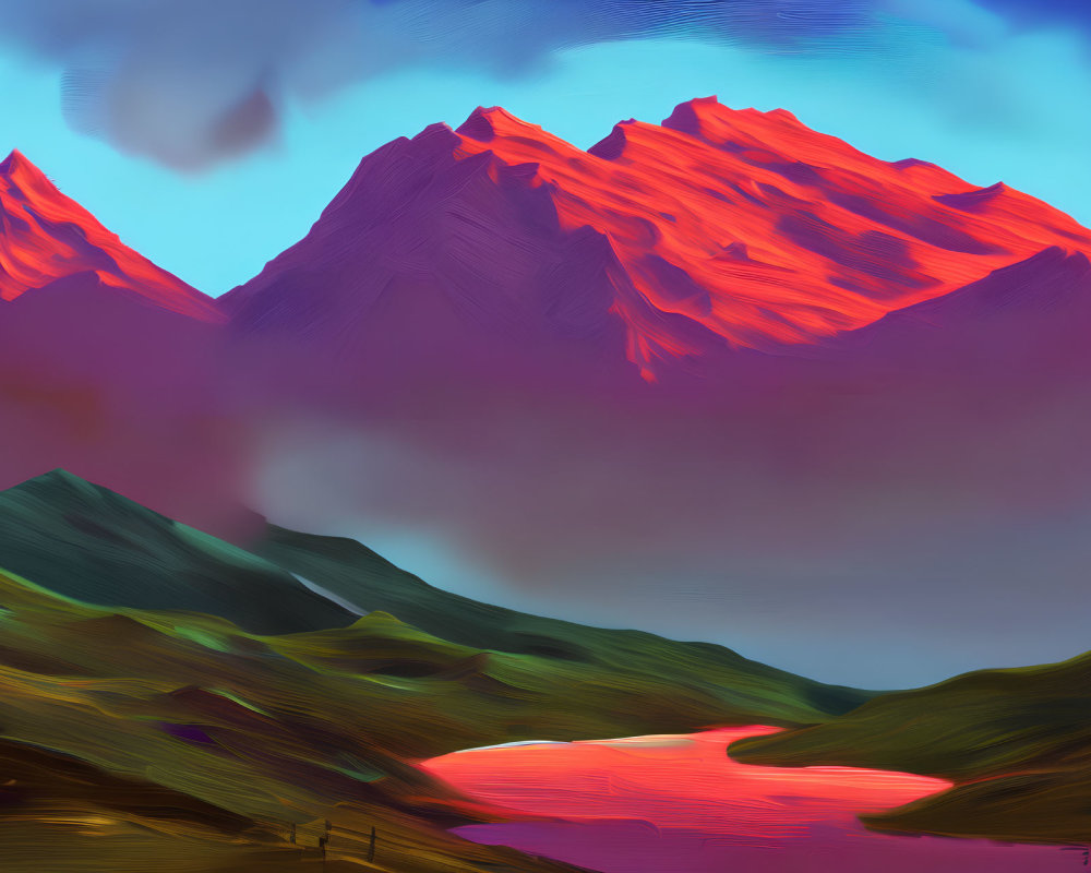 Digital painting of luminous pink sunset over mountain range & reflective lake
