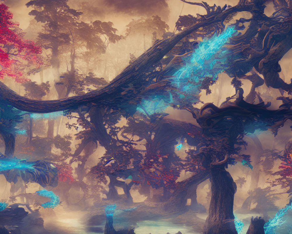 Mystical forest with bioluminescent blue flora and twisted trees