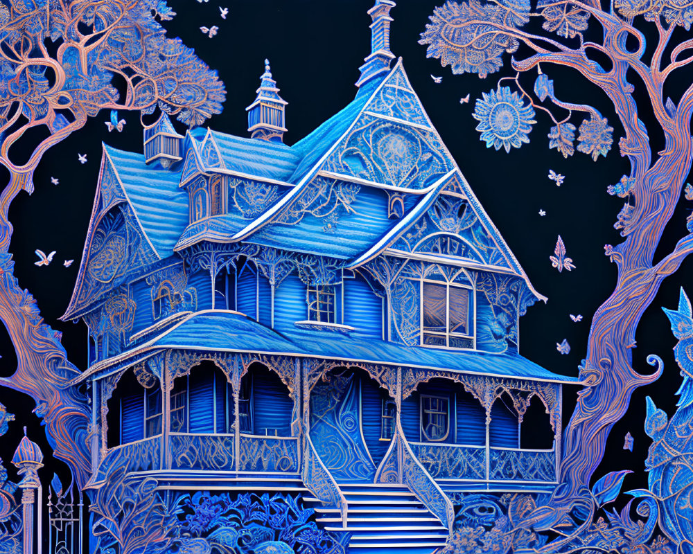 Intricate Blue Victorian House with Elaborate Patterns and Stylized Trees