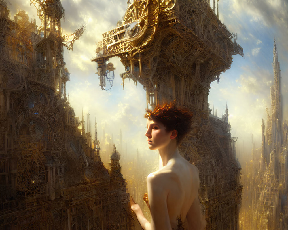 Short Red-Haired Woman Contemplates Golden Fantasy Cityscape
