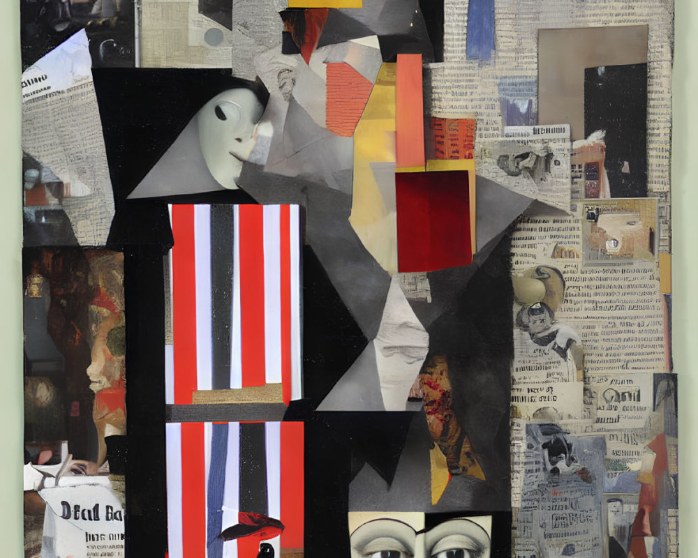Mixed Media Collage Featuring Newspaper Clippings, Photos, Geometric Shapes, and Painted Port