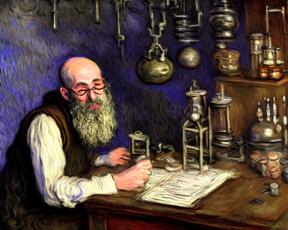 Elderly bearded man writing notes at wooden table with scientific equipment
