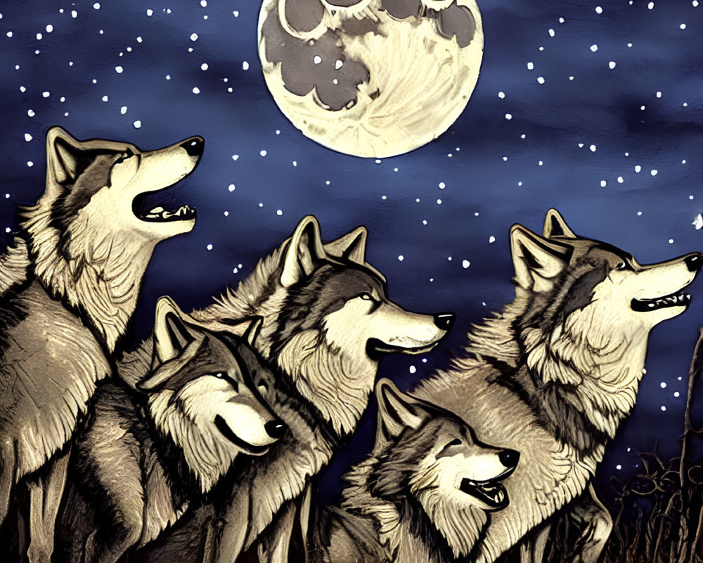 Pack of wolves howling under full moon in starry night sky