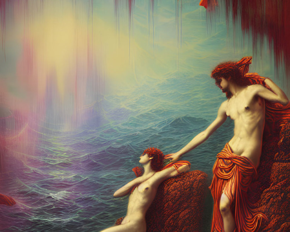 Surreal Artwork of Mythological Figures on Cliff with Vibrant Reds and Blues
