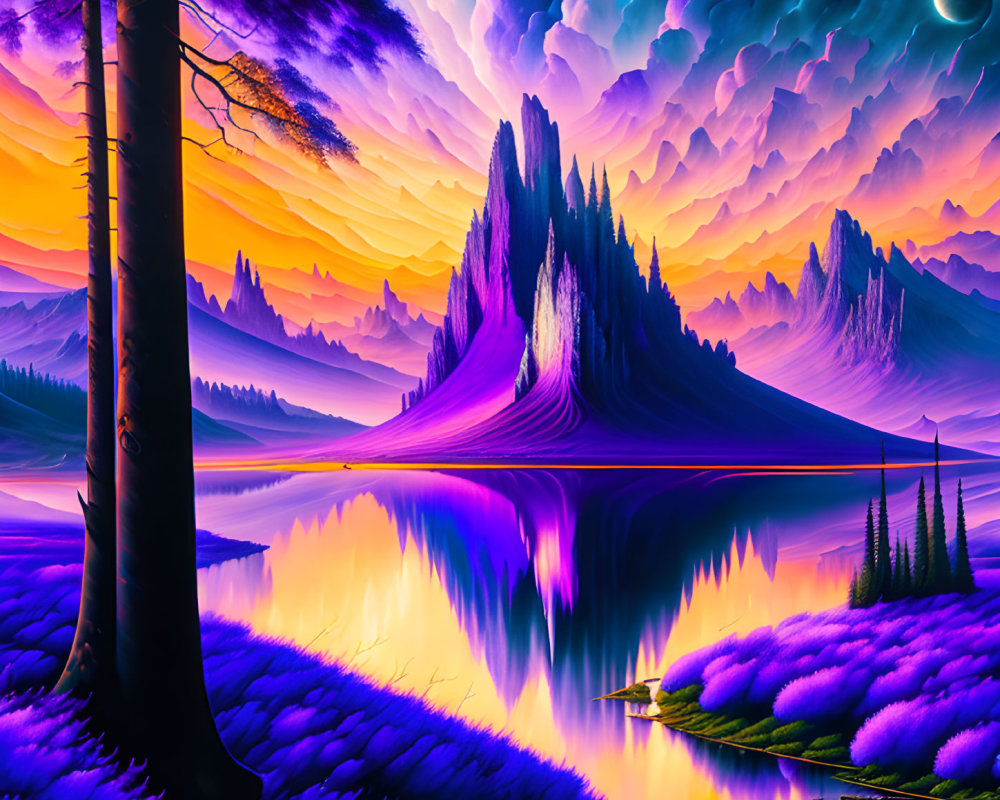 Surreal landscape digital artwork with purple hues and majestic mountains