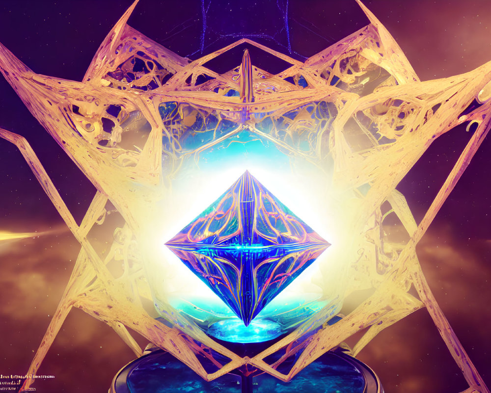 Intricate glowing geometric structure with radiant crystal in cosmic backdrop