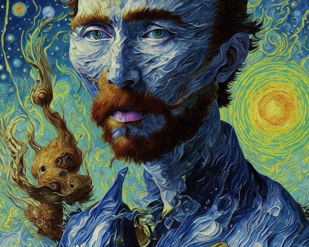 Man with Red Beard and Hair in Van Gogh's "Starry Night" Style