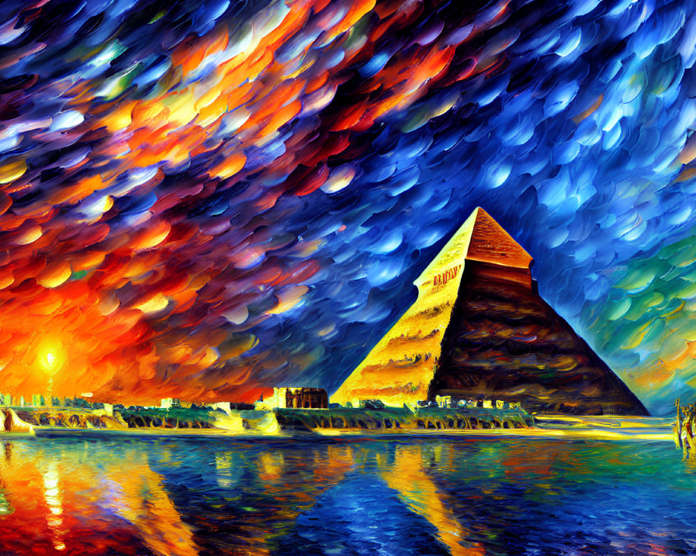Impressionist-style painting of Great Pyramid of Giza at sunset