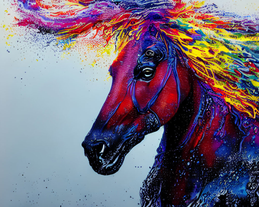 Colorful Painting of Red Horse with Dynamic Strokes on Blue Background