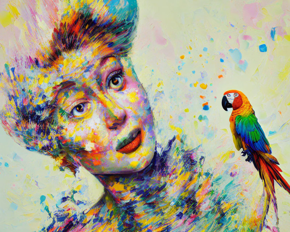 Colorful Painting of Woman with Abstract Paint Splashes and Parrot