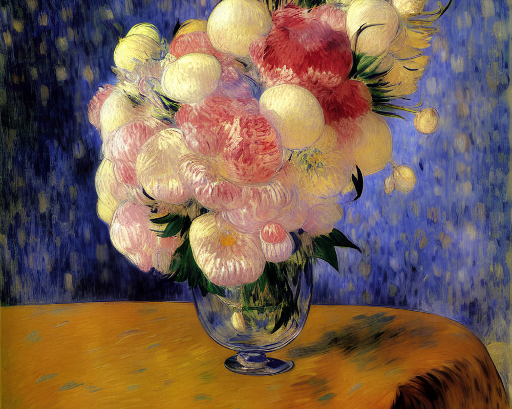Vivid oil painting of pink and white peonies in a glass vase