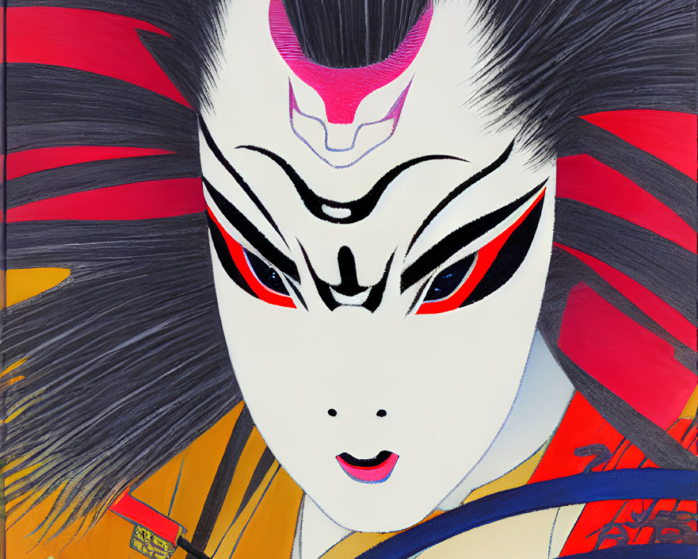 Vibrant Kabuki actor with intricate makeup and dragon fan