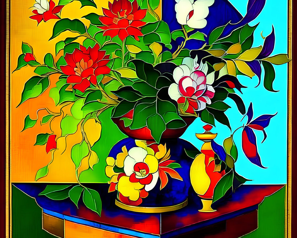 Colorful stained-glass style artwork of stylized flowers in a vase