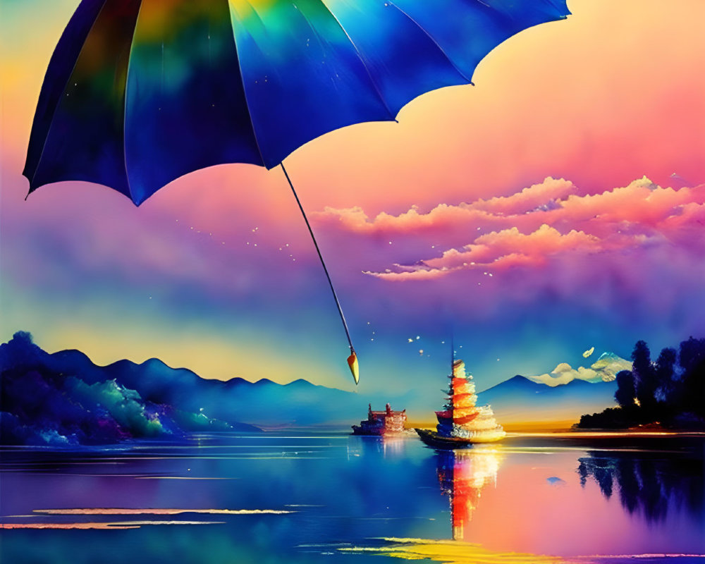 Colorful Floating Umbrella Artwork Over Sunset Seascape with Ships