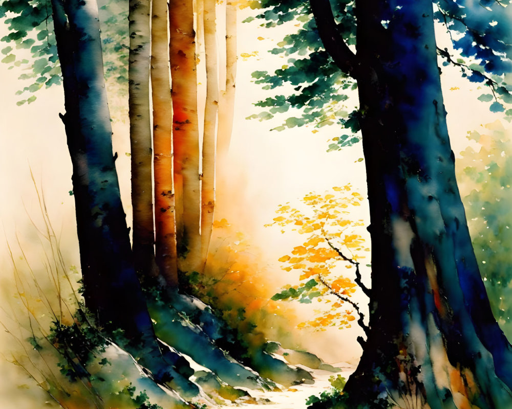 Sunlit forest watercolor painting with tall trees and lush undergrowth
