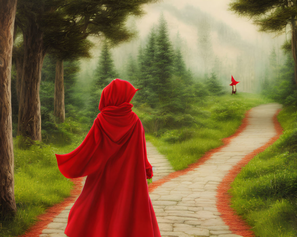 Two figures in red cloaks at forest fork under misty sky