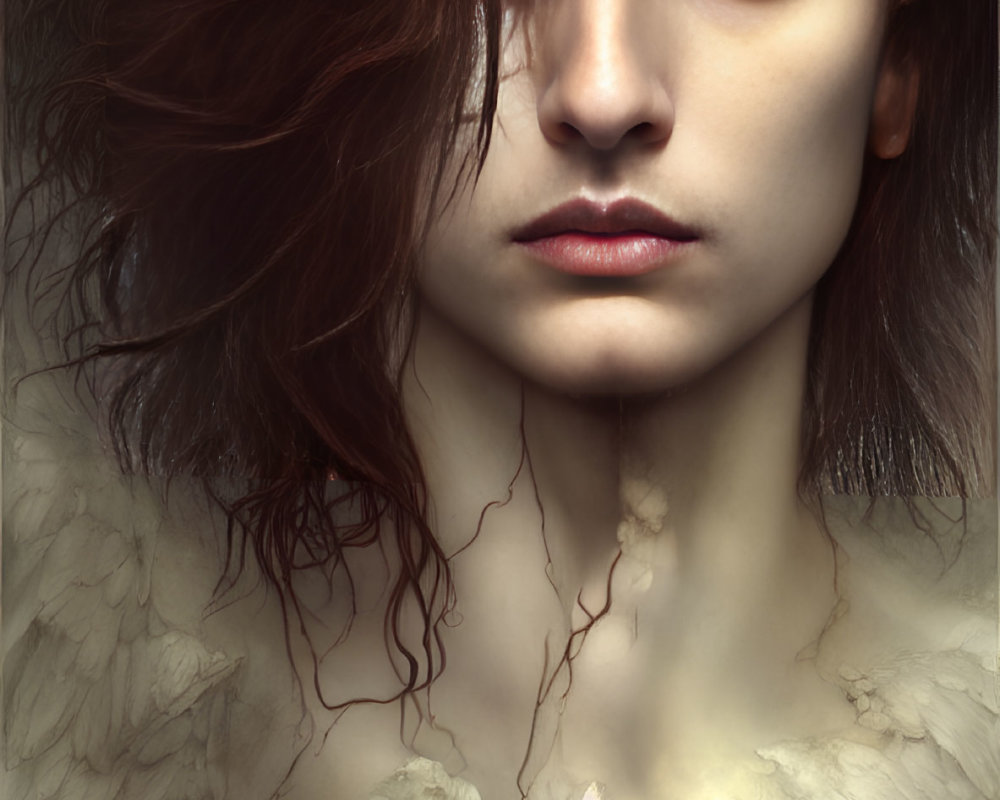 Intense Woman with Dark Hair and Feathers Portrait