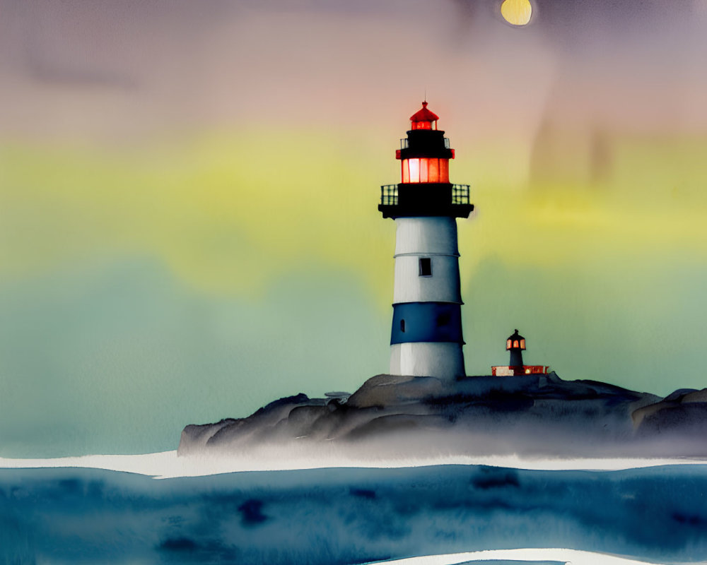Lighthouse painting: Moonrise over colorful sky and calm waters