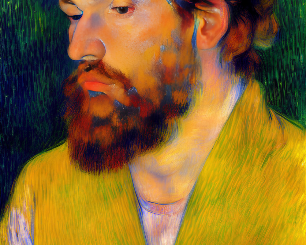 Colorful portrait of contemplative bearded man with bold brushstrokes