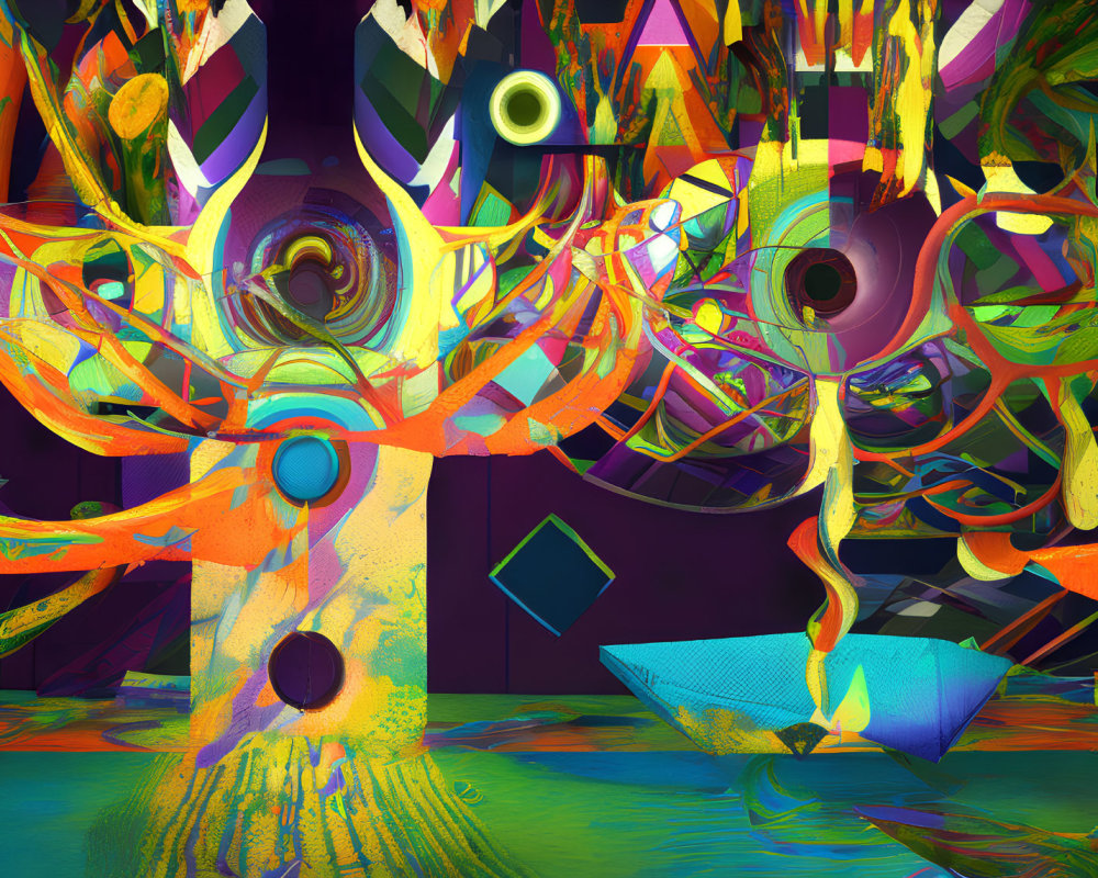Colorful Abstract Digital Artwork with Tree-like Structures and Geometric Shapes