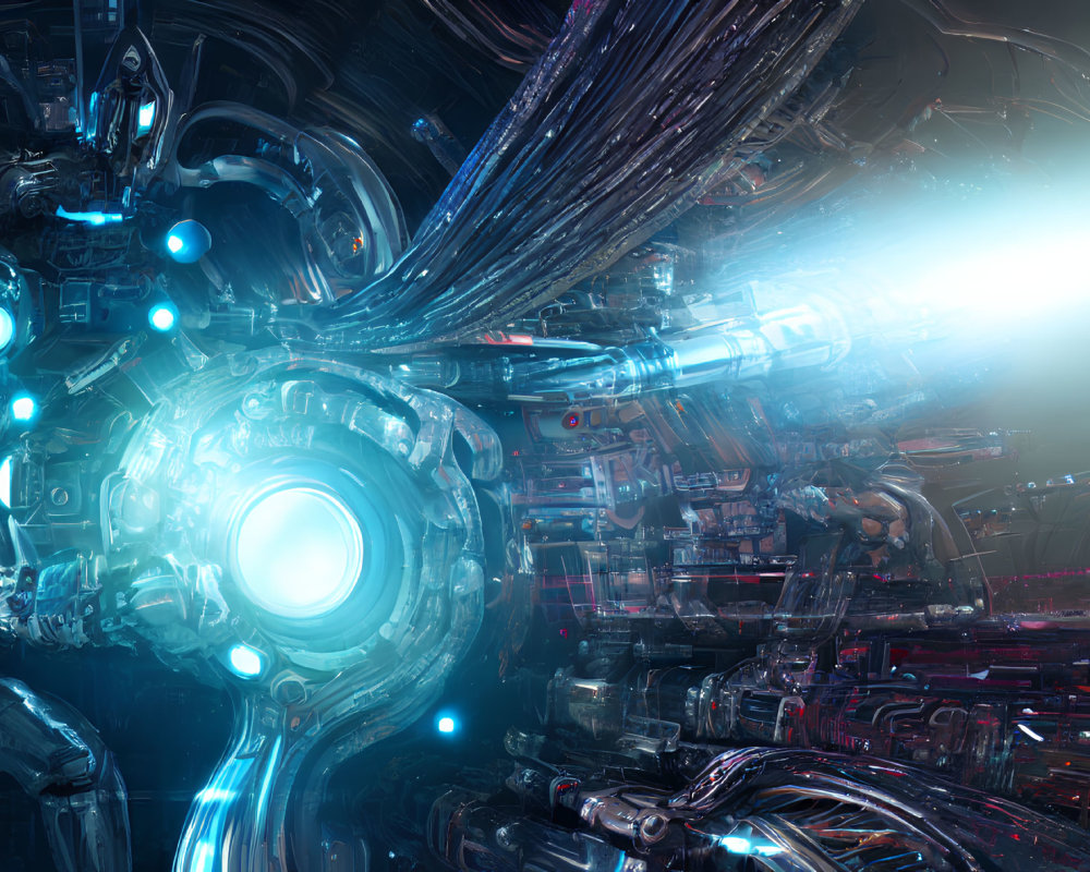Detailed futuristic mechanical structure with glowing blue lights and intricate wiring.