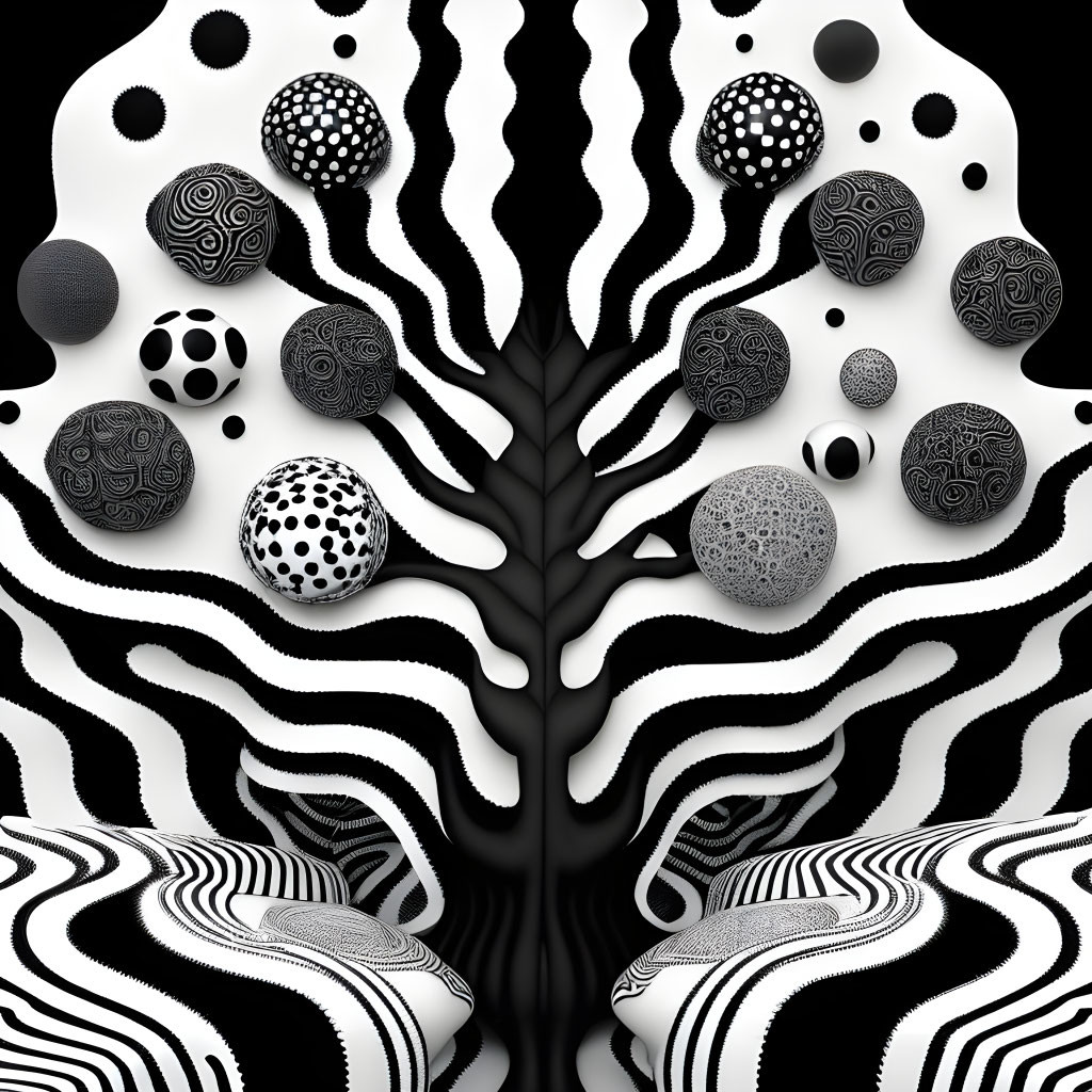 Monochrome abstract art: tree silhouette, zebra stripes backdrop, patterned spheres