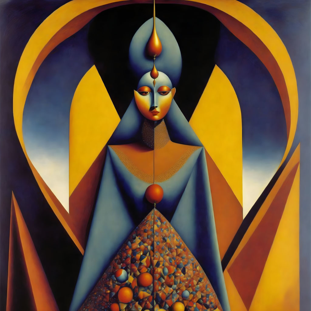 Multifaceted figure in surrealistic painting with warm colors and geometric shapes