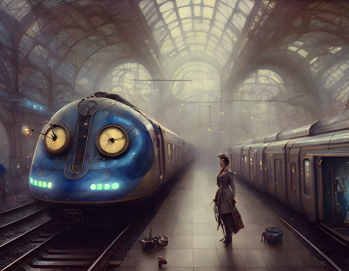 Fantastical owl-faced train at ornate station with retro-dressed woman and suitcase in hazy