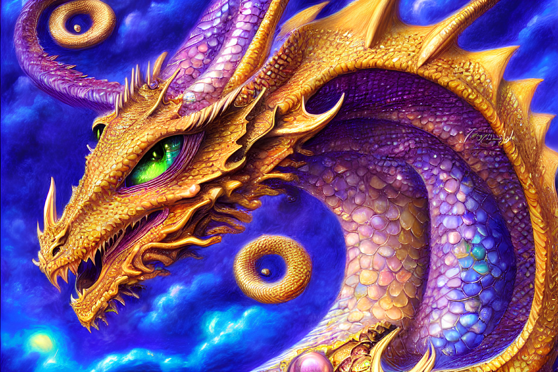 Golden dragon digital illustration with intricate scales and cosmic background