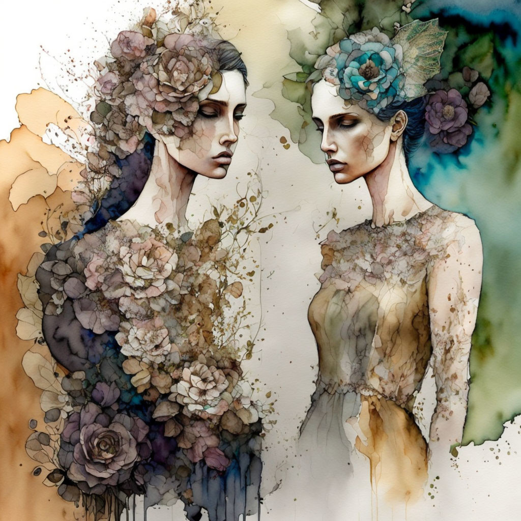 Ethereal women with blooming flowers in watercolor illustration