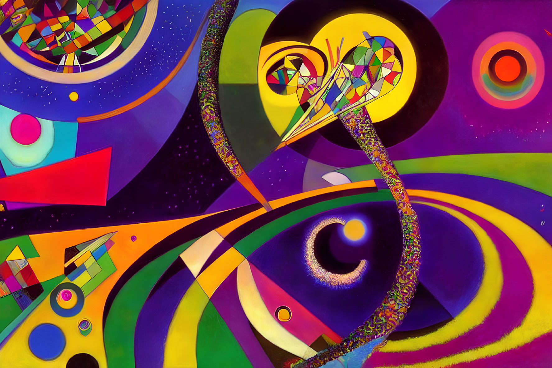 Colorful Abstract Painting with Swirling Patterns and Geometric Shapes