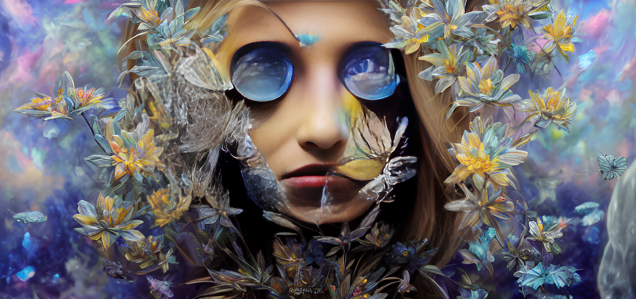 Colorful surreal portrait with large round glasses and floral motif.
