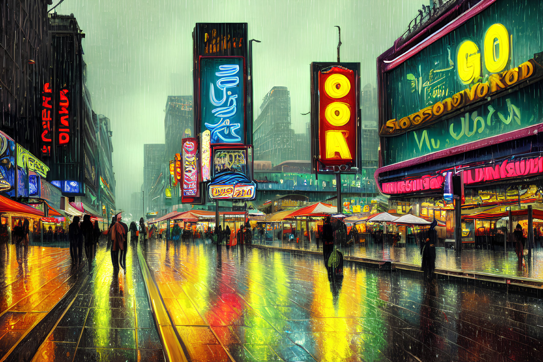 Urban night scene: Rainy city street with neon signs, wet pavement, and pedestrians with umbrellas
