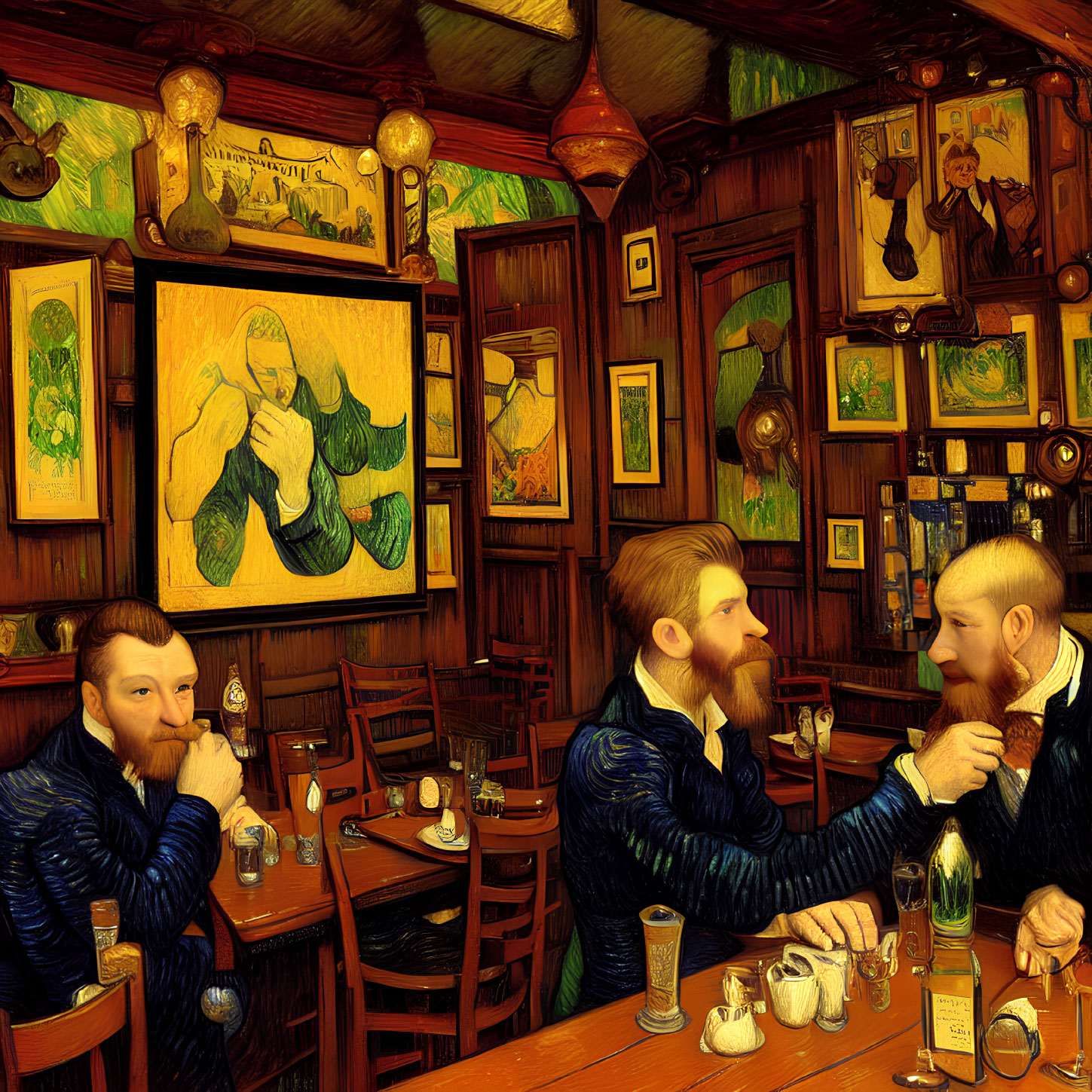 Stylized digital artwork of three bearded men in a colorful, ornamented bar