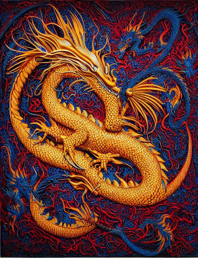 Golden dragon with intricate scales in vibrant illustration surrounded by red and blue swirling patterns