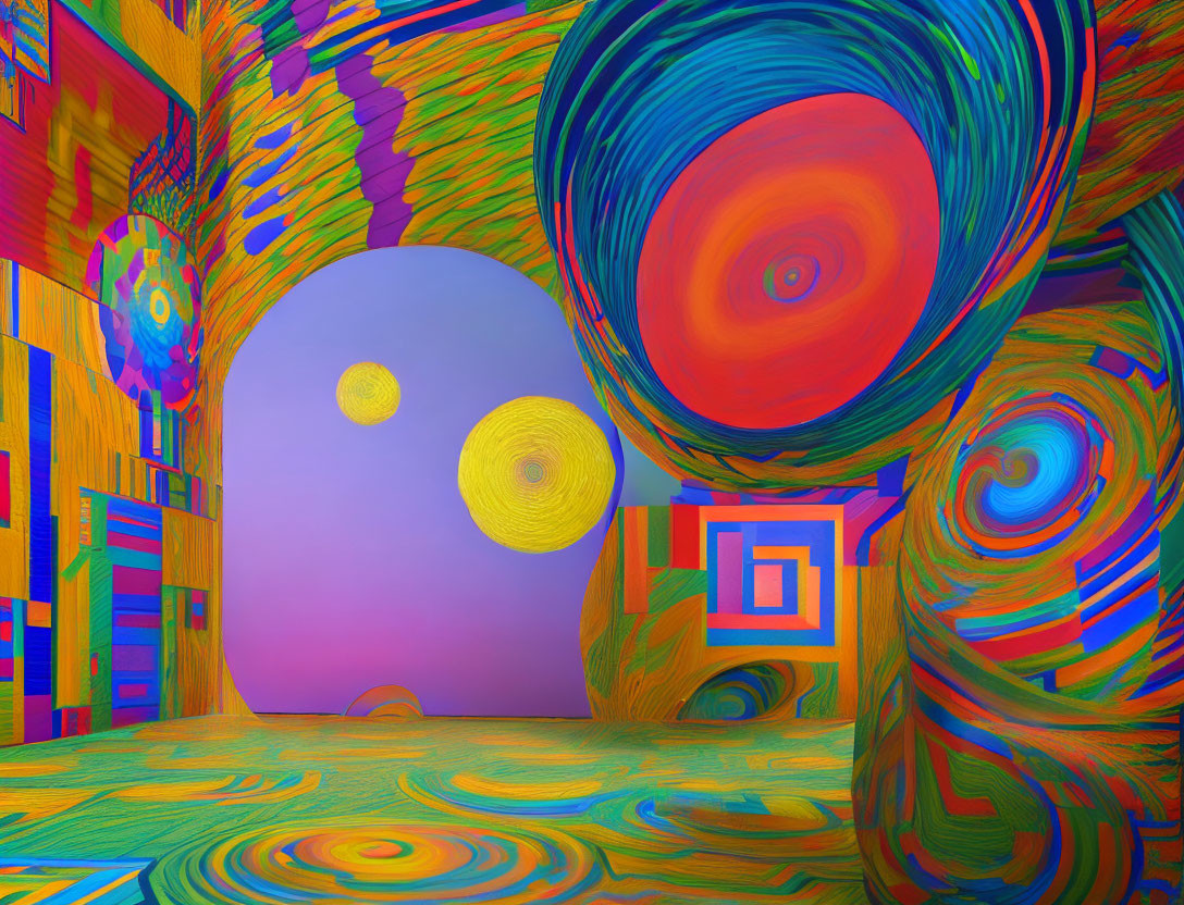 Colorful psychedelic room with swirling patterns and circular motifs