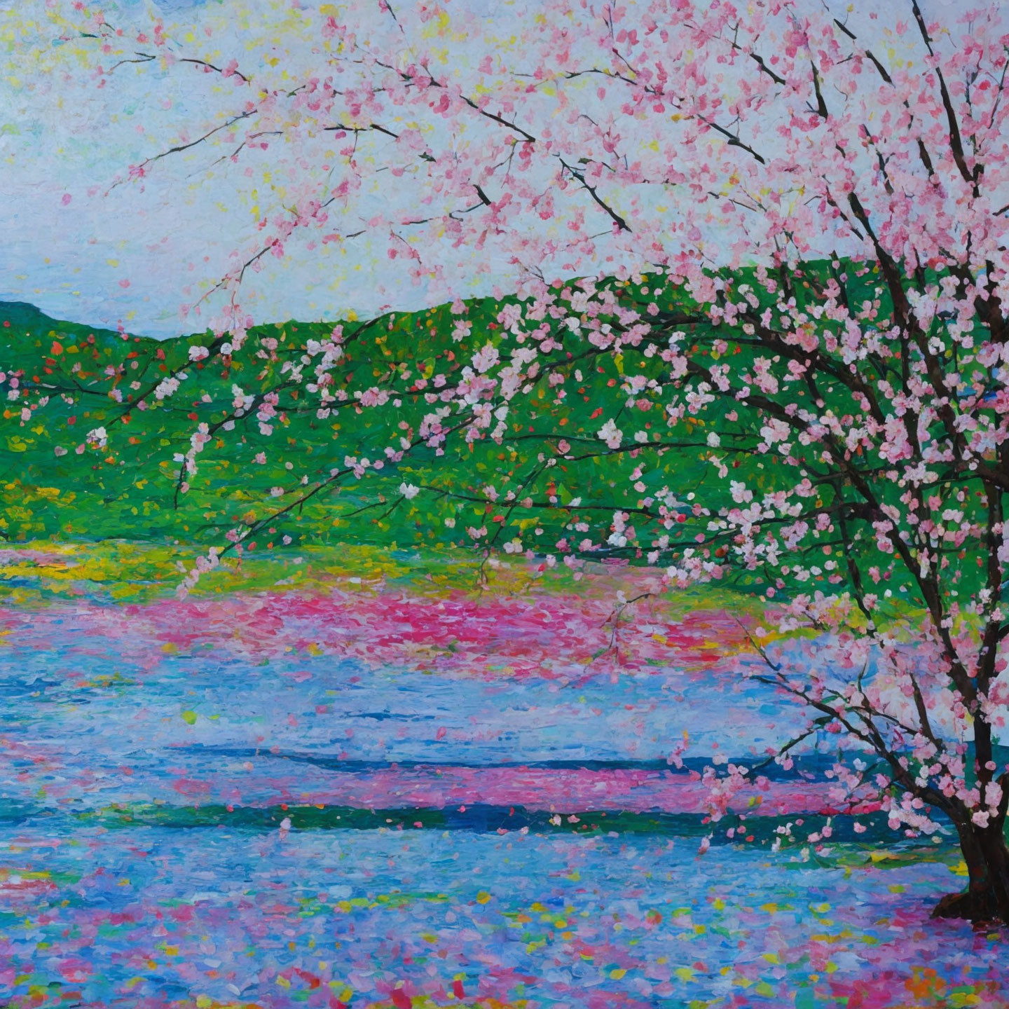Impressionistic painting of cherry blossoms by blue river