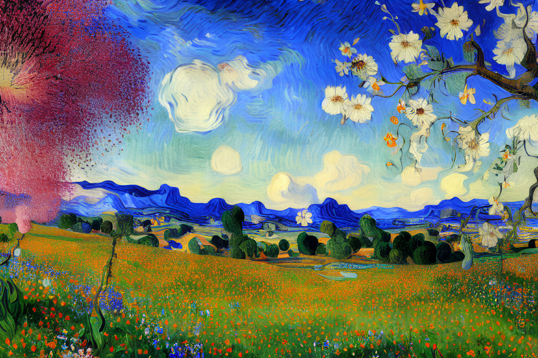 Colorful Van Gogh-inspired painting of swirling skies, blooming field, and distant hills